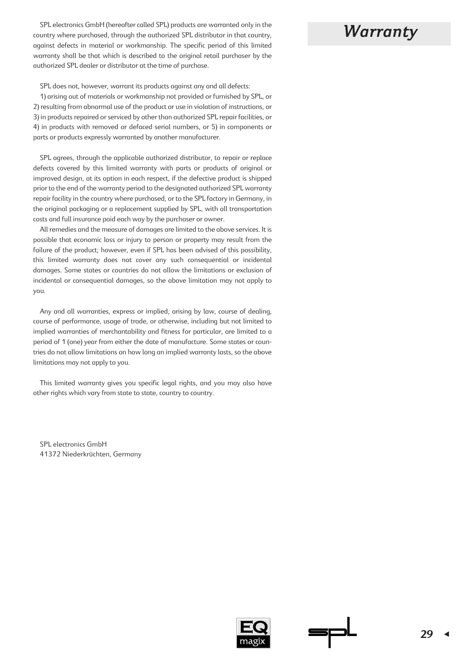 Warranty | Sound Performance Lab EQ MAGIX User Manual | Page 29 / 30