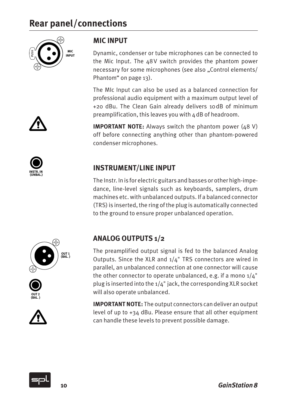 Rear panel/connections, Mic input, Instrument/line input | Analog outputs 1/2, 10 gainstation 8 | Sound Performance Lab Gain Station 8 2383 User Manual | Page 10 / 30