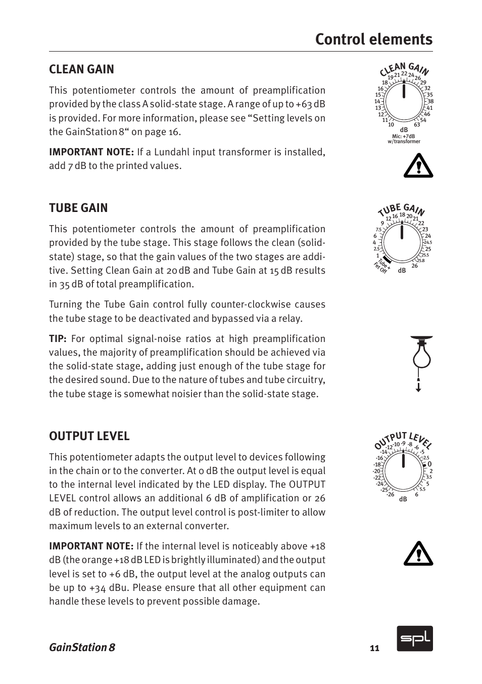 Control elements, Clean gain, Tube gain | Output level, Gainstation 8 11 | Sound Performance Lab Gain Station 8 2383 User Manual | Page 11 / 30