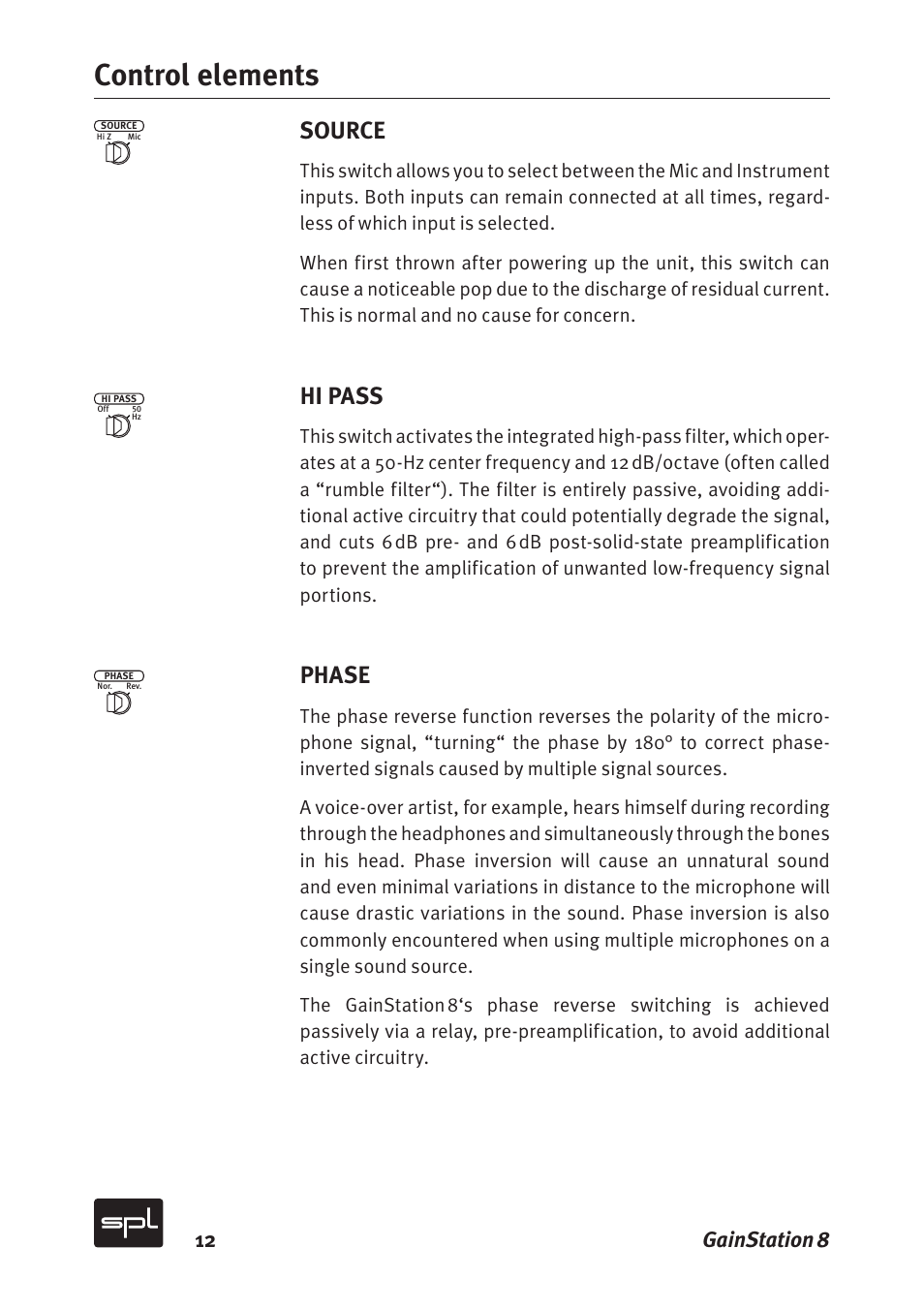 Control elements, Source, Hi pass | Phase, 12 gainstation 8 | Sound Performance Lab Gain Station 8 2383 User Manual | Page 12 / 30
