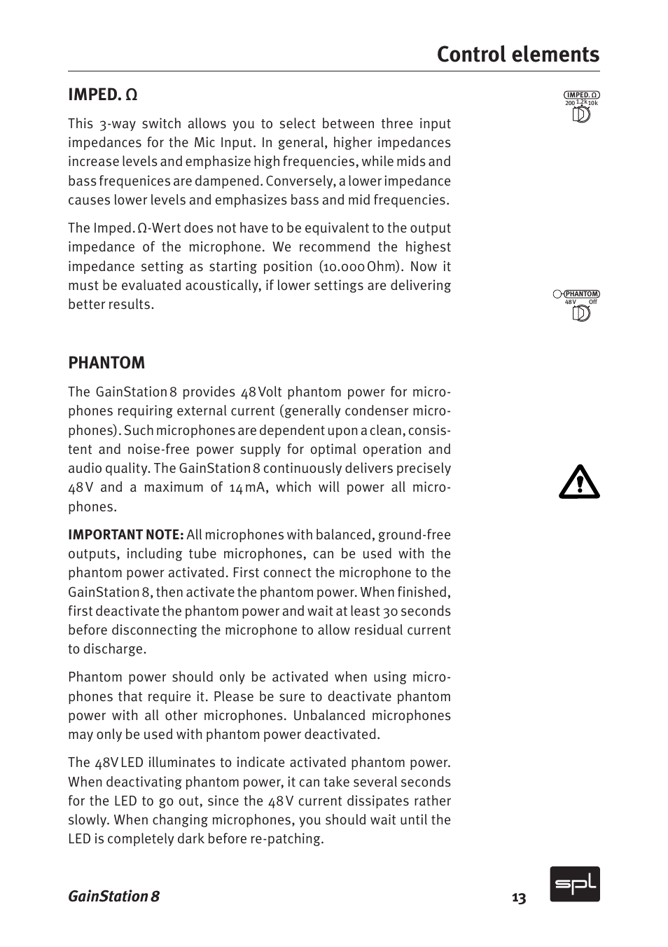 Control elements, Imped. ω, Phantom | Gainstation 8 13 | Sound Performance Lab Gain Station 8 2383 User Manual | Page 13 / 30