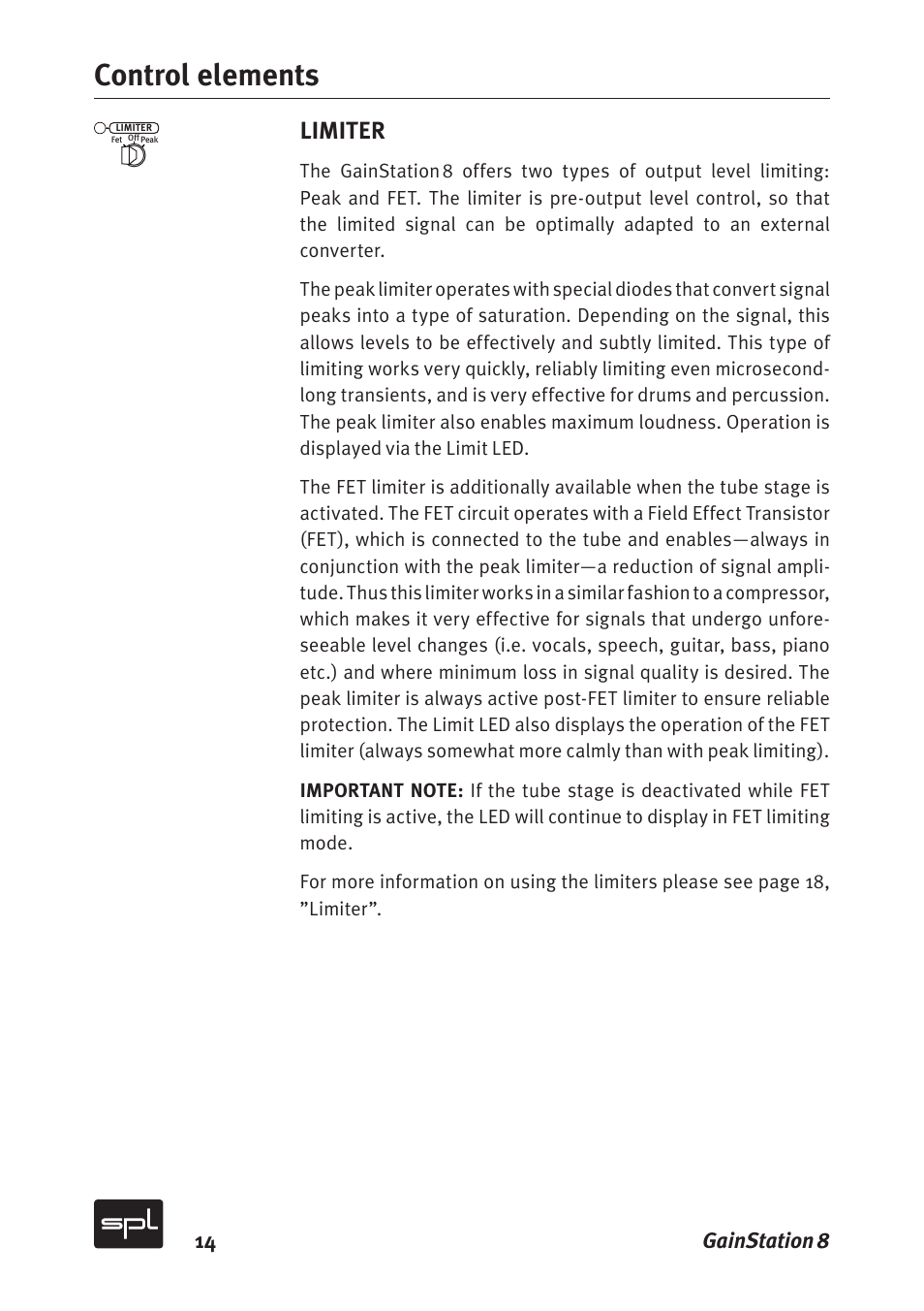 Control elements, Limiter, 14 gainstation 8 | Sound Performance Lab Gain Station 8 2383 User Manual | Page 14 / 30