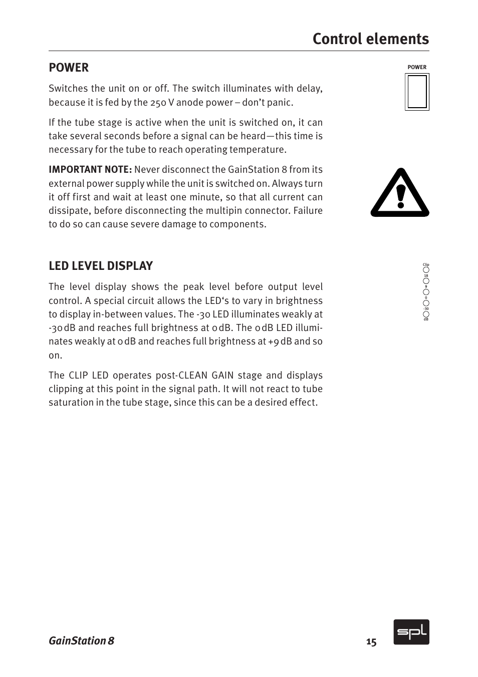 Control elements, Power, Led level display | Gainstation 8 15 | Sound Performance Lab Gain Station 8 2383 User Manual | Page 15 / 30