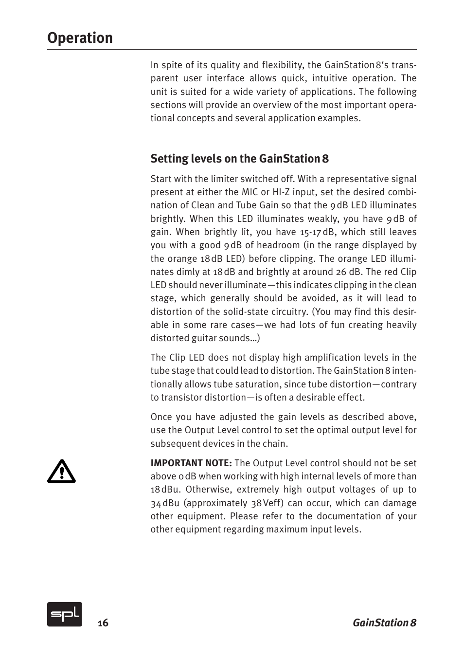 Operation | Sound Performance Lab Gain Station 8 2383 User Manual | Page 16 / 30