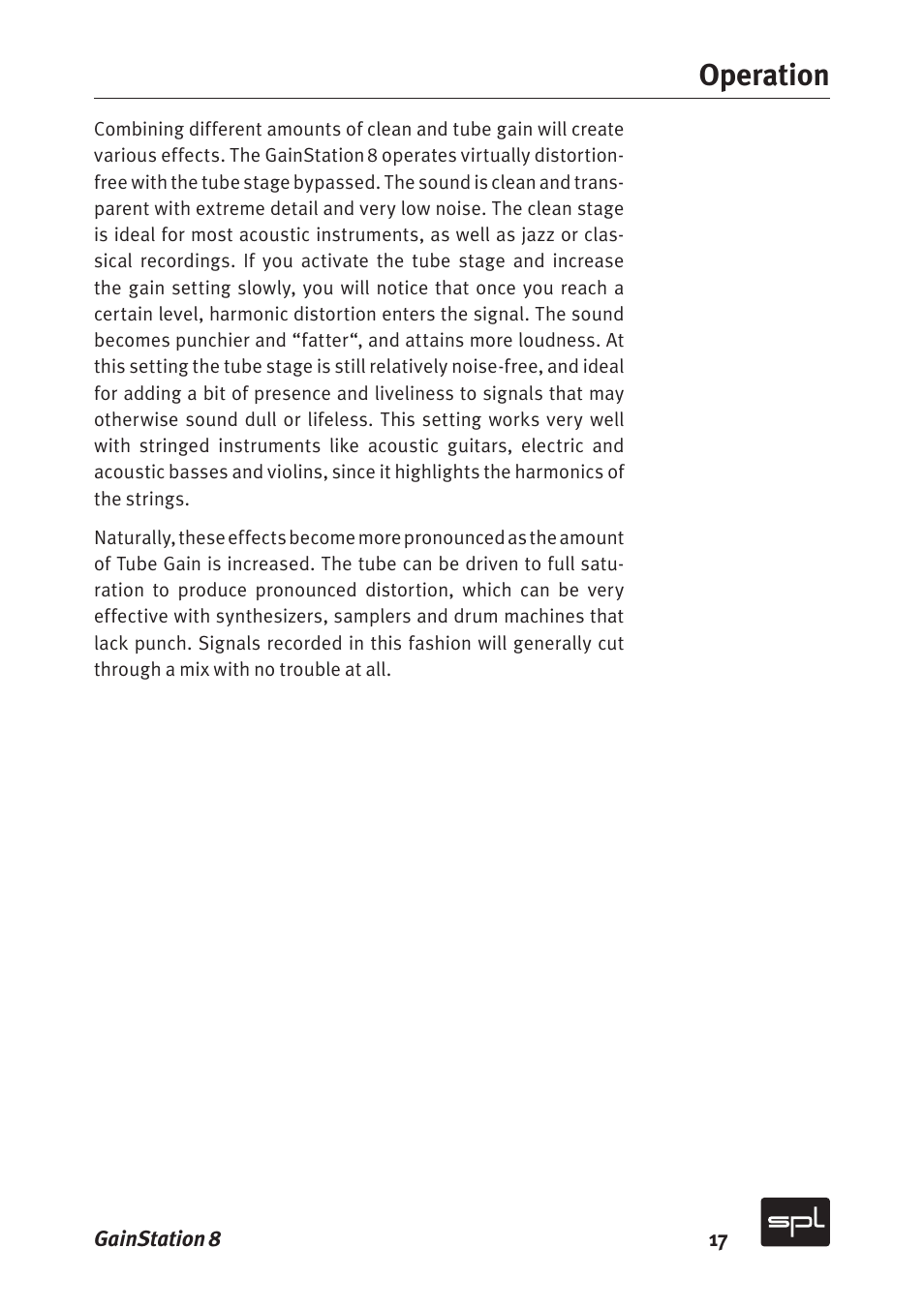 Operation | Sound Performance Lab Gain Station 8 2383 User Manual | Page 17 / 30