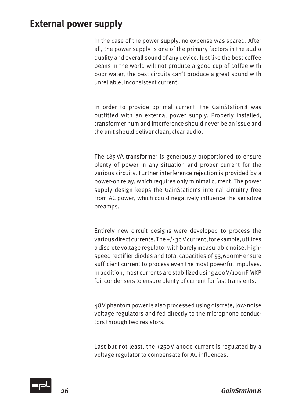 External power supply | Sound Performance Lab Gain Station 8 2383 User Manual | Page 26 / 30