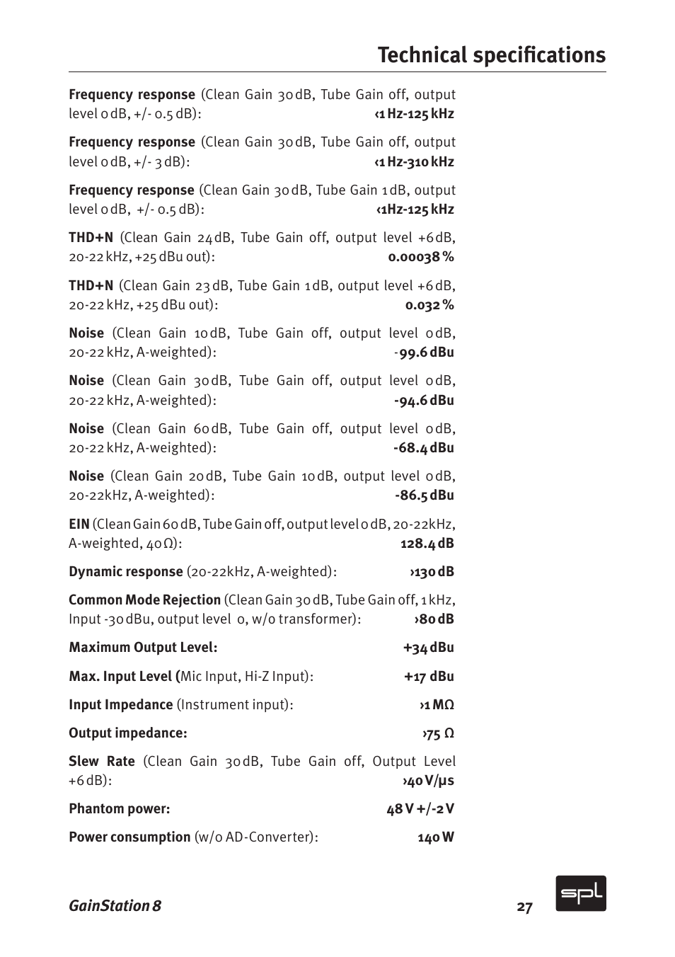 Technical speciﬁ cations | Sound Performance Lab Gain Station 8 2383 User Manual | Page 27 / 30