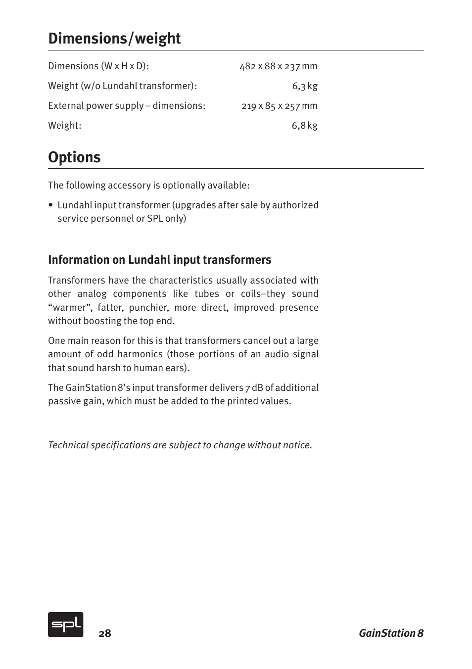 Dimensions/weight options | Sound Performance Lab Gain Station 8 2383 User Manual | Page 28 / 30