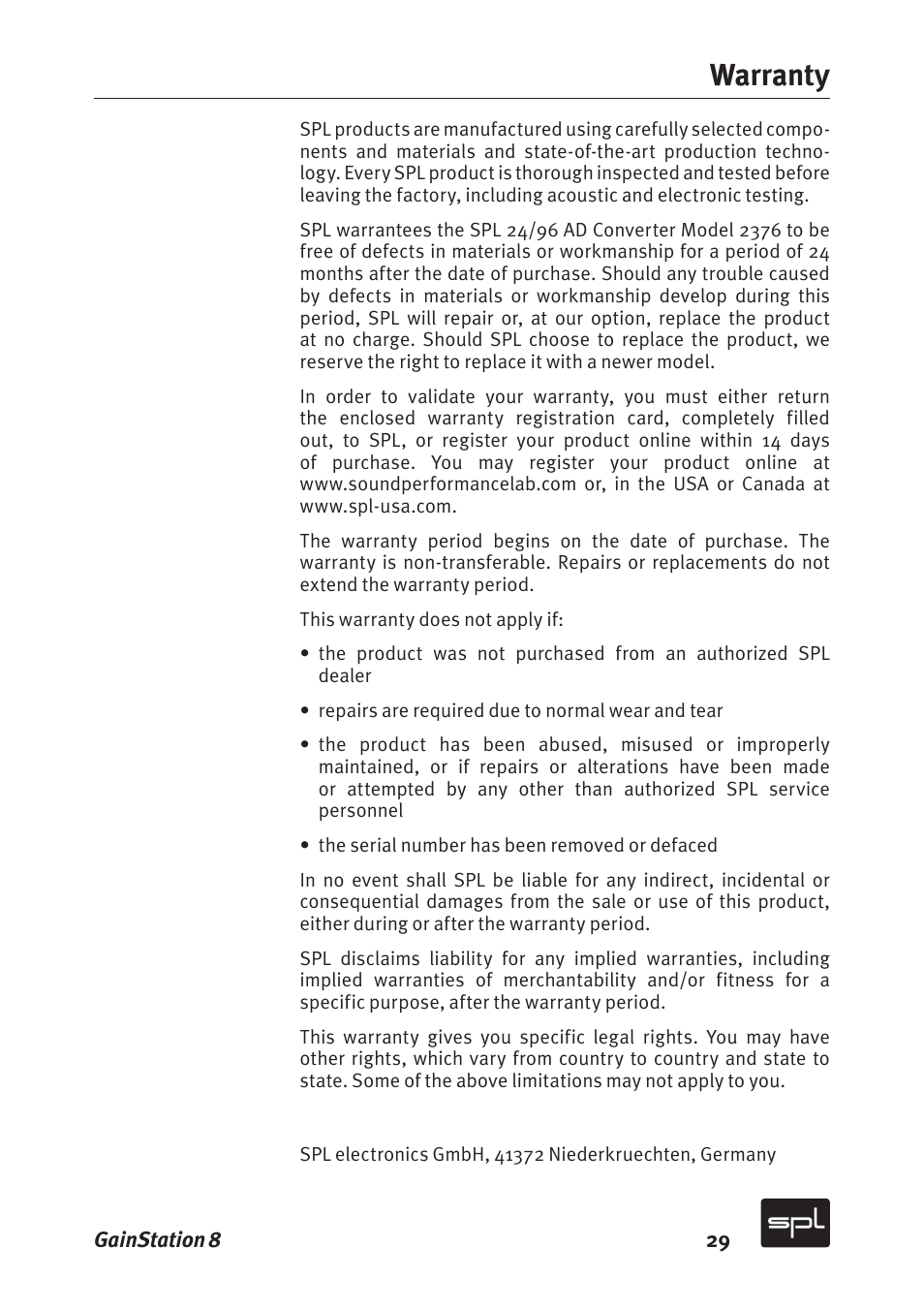 Warranty | Sound Performance Lab Gain Station 8 2383 User Manual | Page 29 / 30