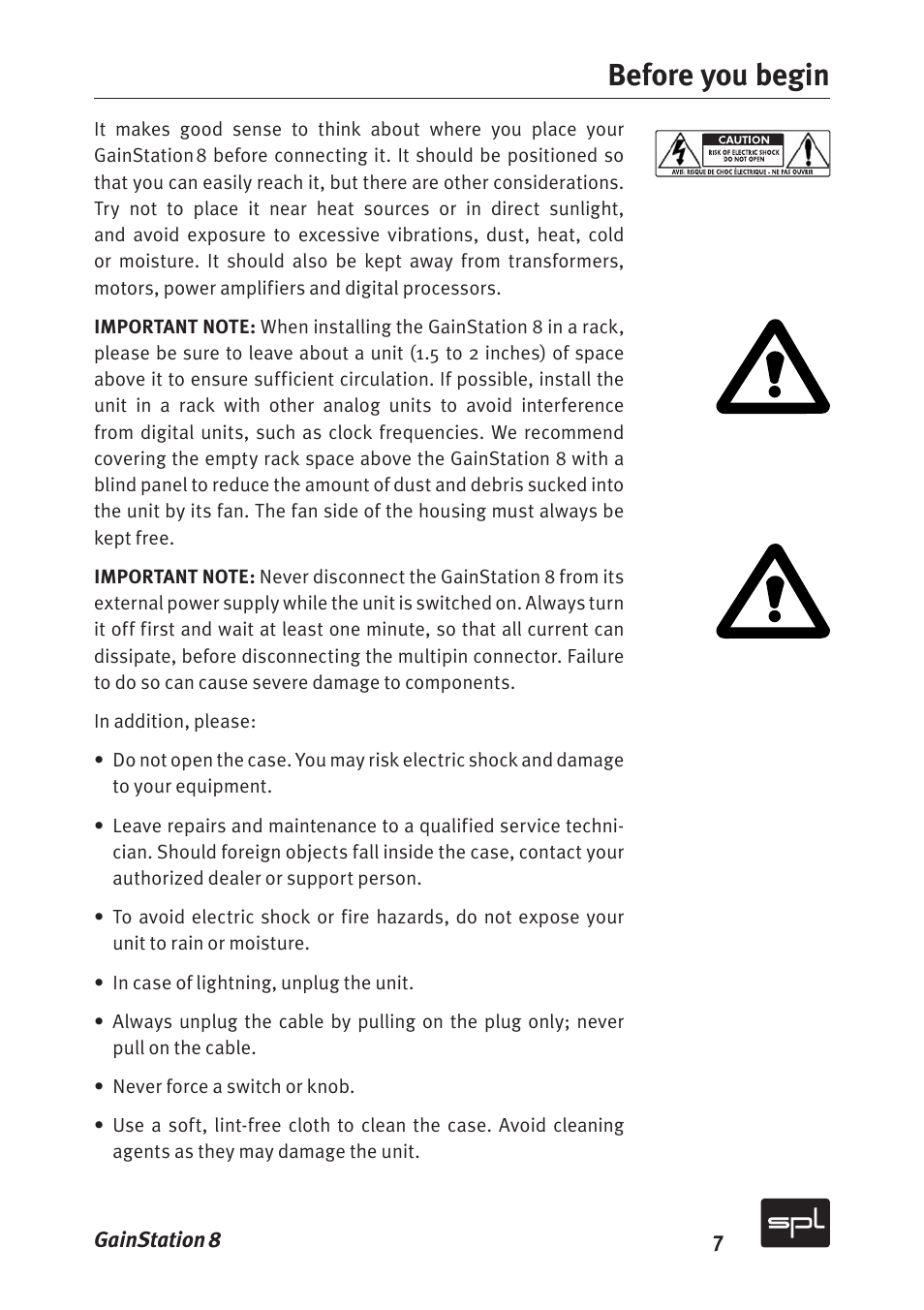 Before you begin | Sound Performance Lab Gain Station 8 2383 User Manual | Page 7 / 30