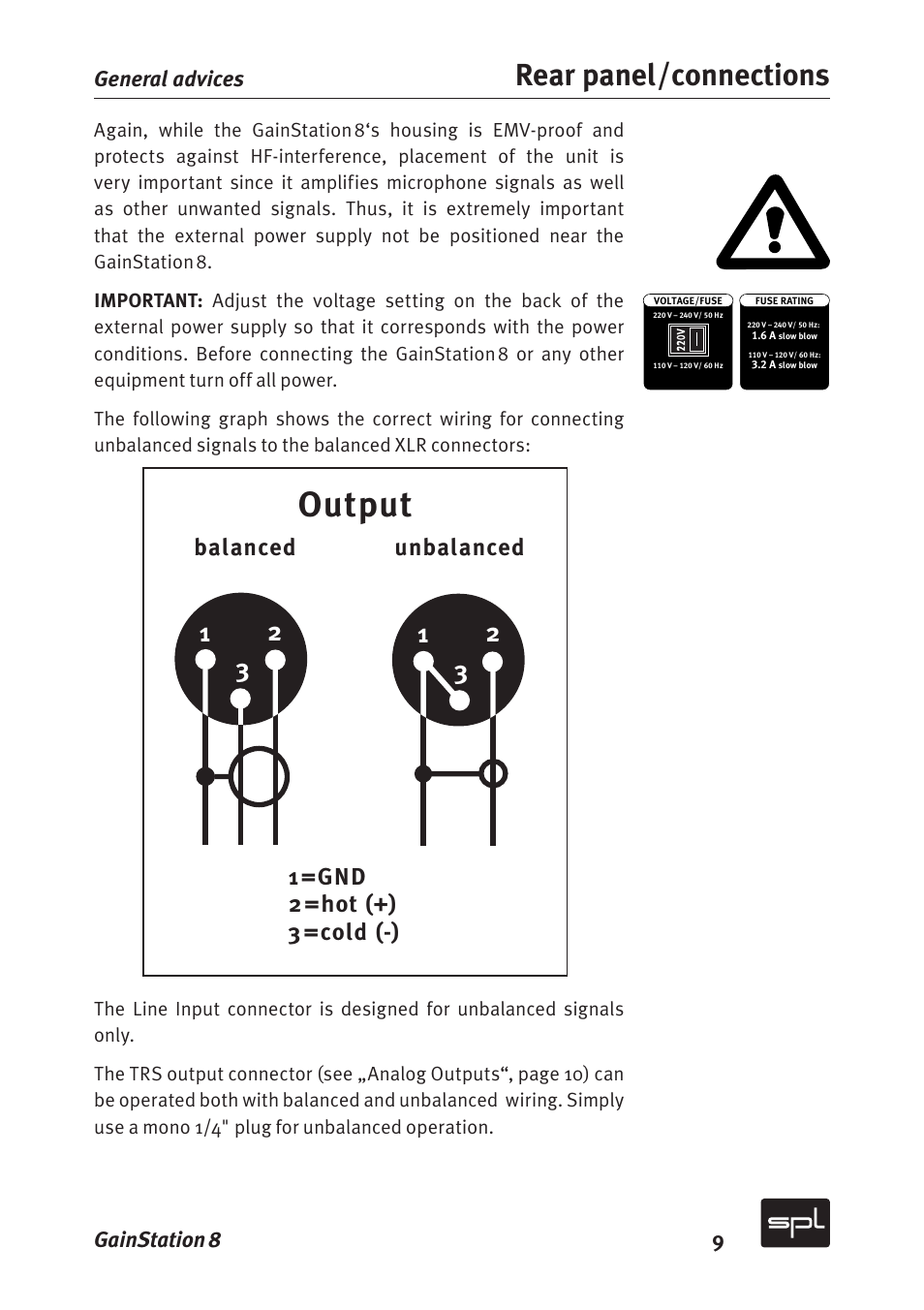 Output, Rear panel/connections, Balanced unbalanced 1=gnd 2 = hot (+) 3 = cold (-) | Sound Performance Lab Gain Station 8 2383 User Manual | Page 9 / 30
