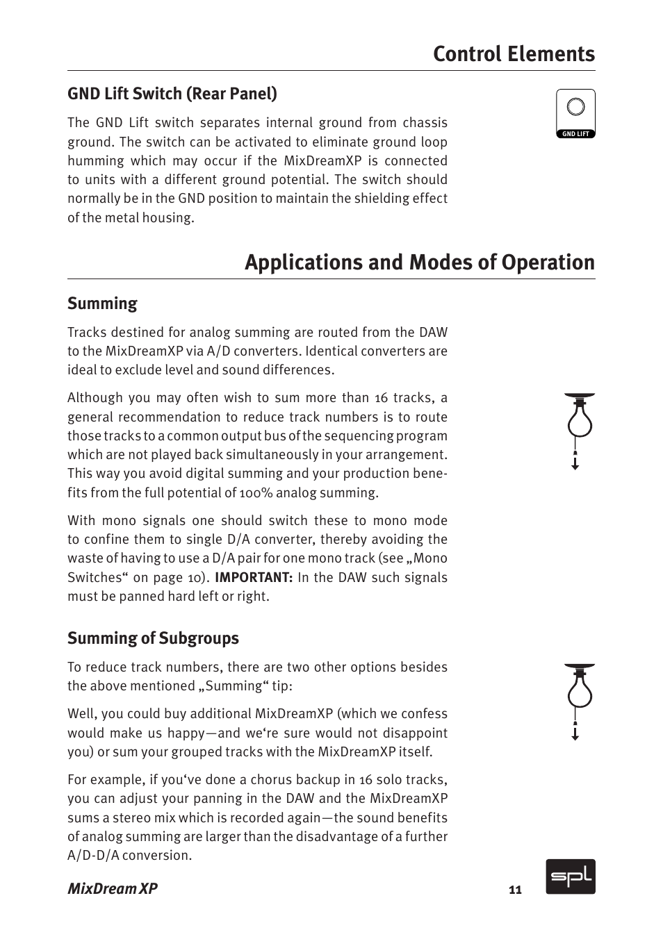 Control elements, Applications and modes of operation | Sound Performance Lab MixDreamXP Model 2591 User Manual | Page 11 / 18