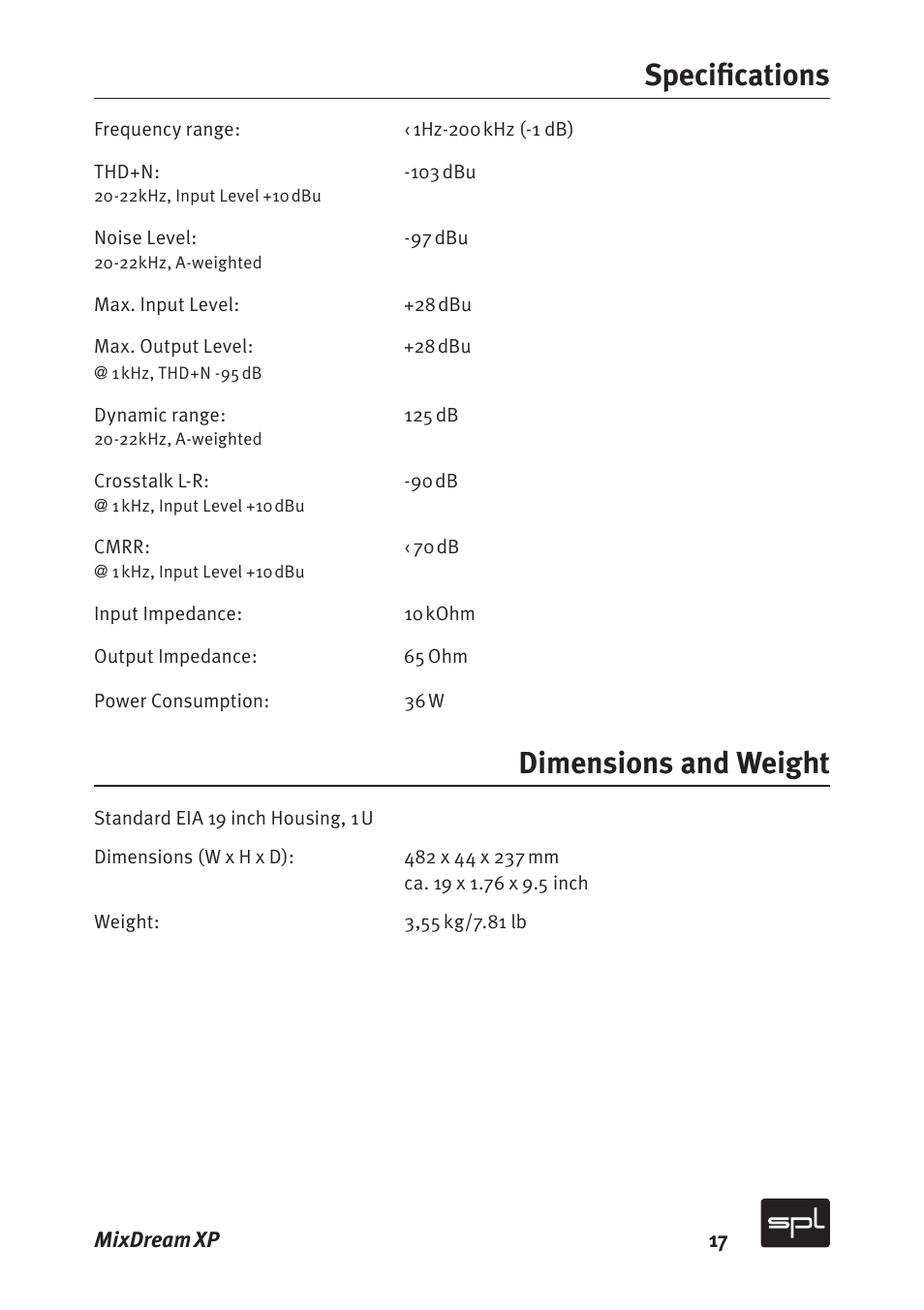Speciﬁ cations dimensions and weight | Sound Performance Lab MixDreamXP Model 2591 User Manual | Page 17 / 18