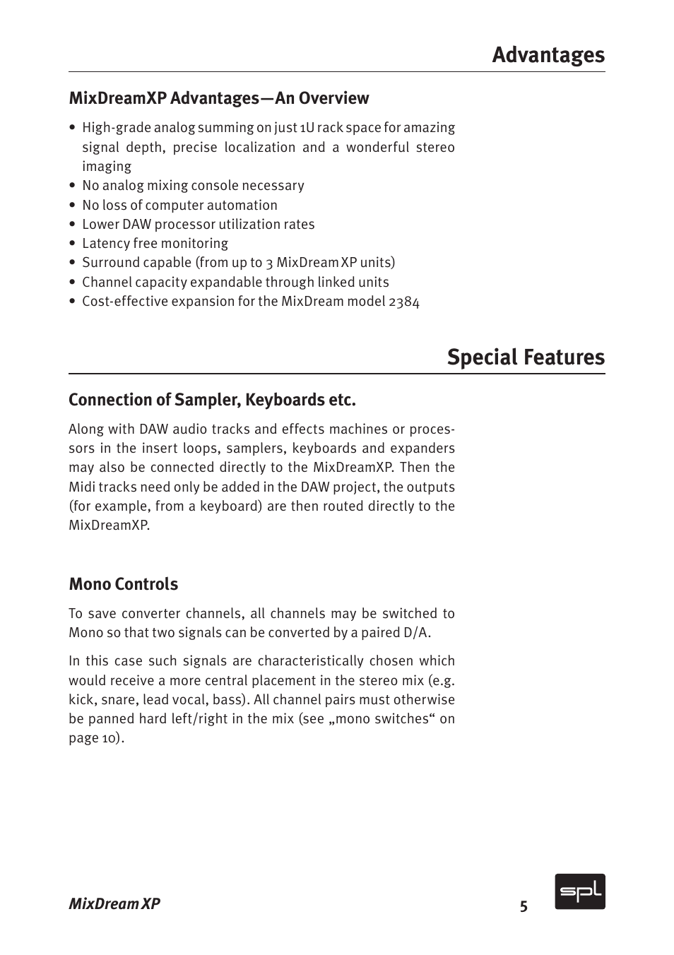 Advantages, Special features | Sound Performance Lab MixDreamXP Model 2591 User Manual | Page 5 / 18