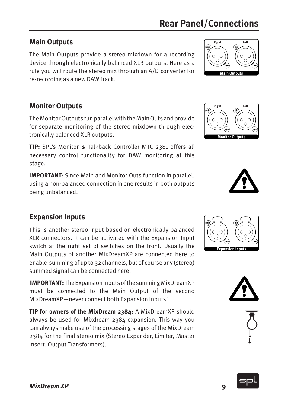 Rear panel/connections, Main outputs, Monitor outputs | Expansion inputs, Mixdream xp 9 | Sound Performance Lab MixDreamXP Model 2591 User Manual | Page 9 / 18
