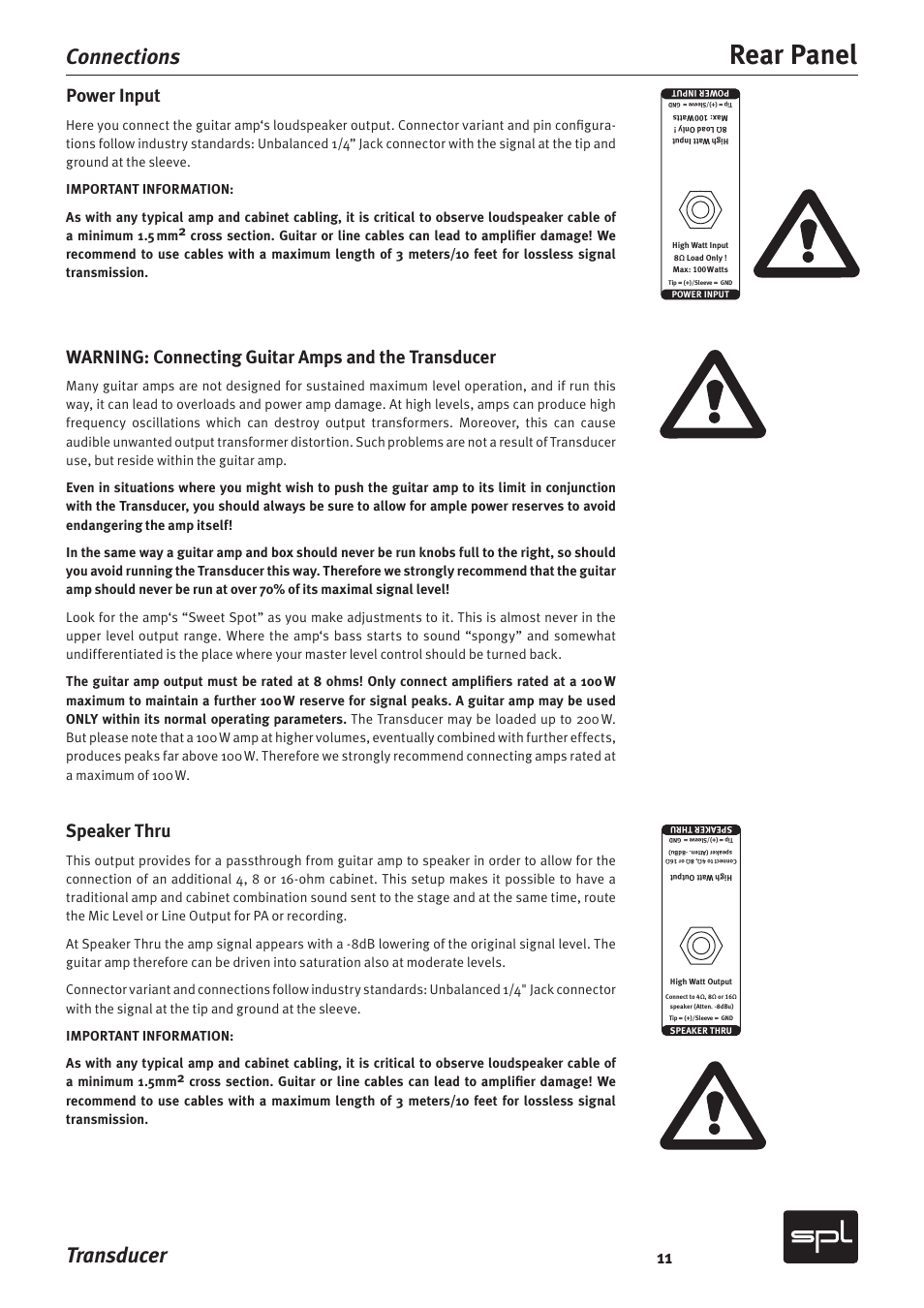 Rear panel, Transducer, Connections | Power input, Warning: connecting guitar amps and the transducer, Speaker thru | Sound Performance Lab Model 2601 User Manual | Page 11 / 28