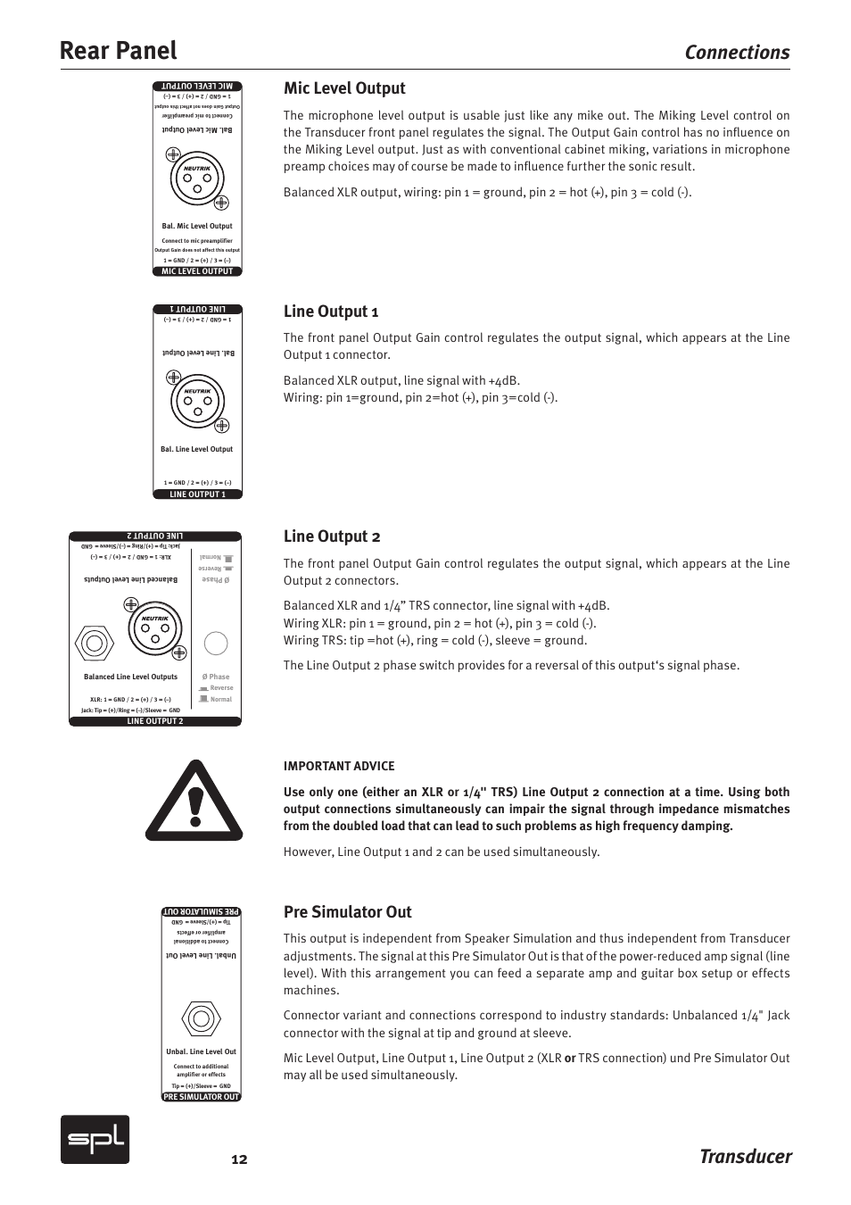 Rear panel, Transducer, Connections | Mic level output, Line output 1, Line output 2, Pre simulator out | Sound Performance Lab Model 2601 User Manual | Page 12 / 28