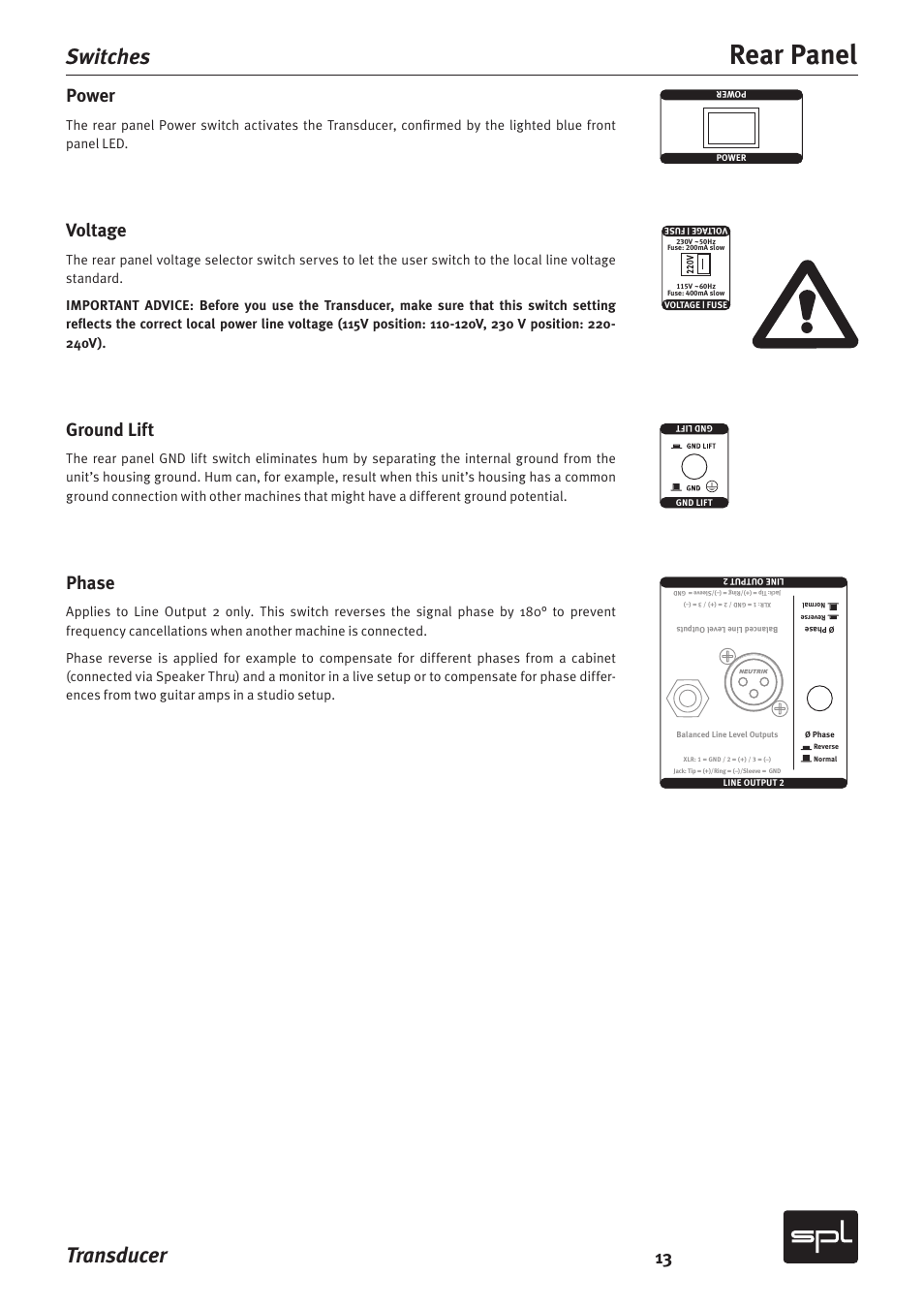 Rear panel, Transducer, Switches | Power, Voltage, Ground lift, Phase | Sound Performance Lab Model 2601 User Manual | Page 13 / 28