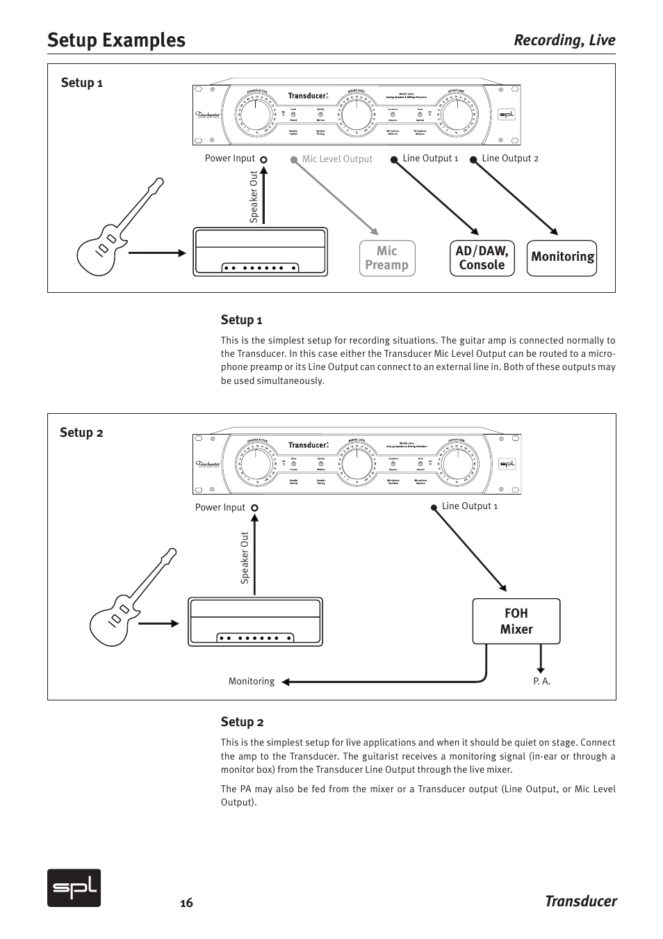 Setup examples, Transducer, Recording, live | Sound Performance Lab Model 2601 User Manual | Page 16 / 28