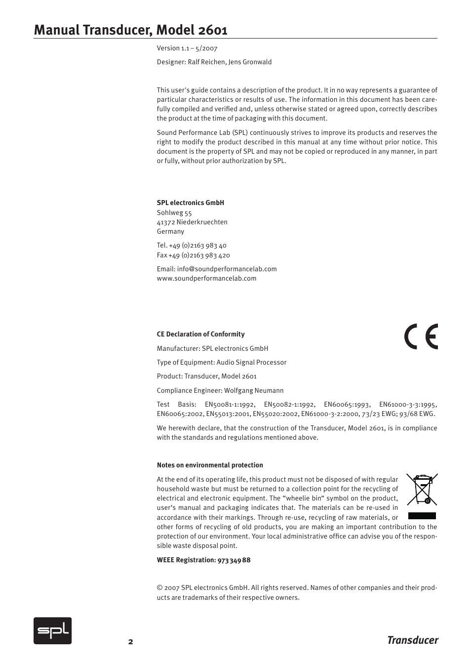 Manual transducer, model 2601, Transducer | Sound Performance Lab Model 2601 User Manual | Page 2 / 28