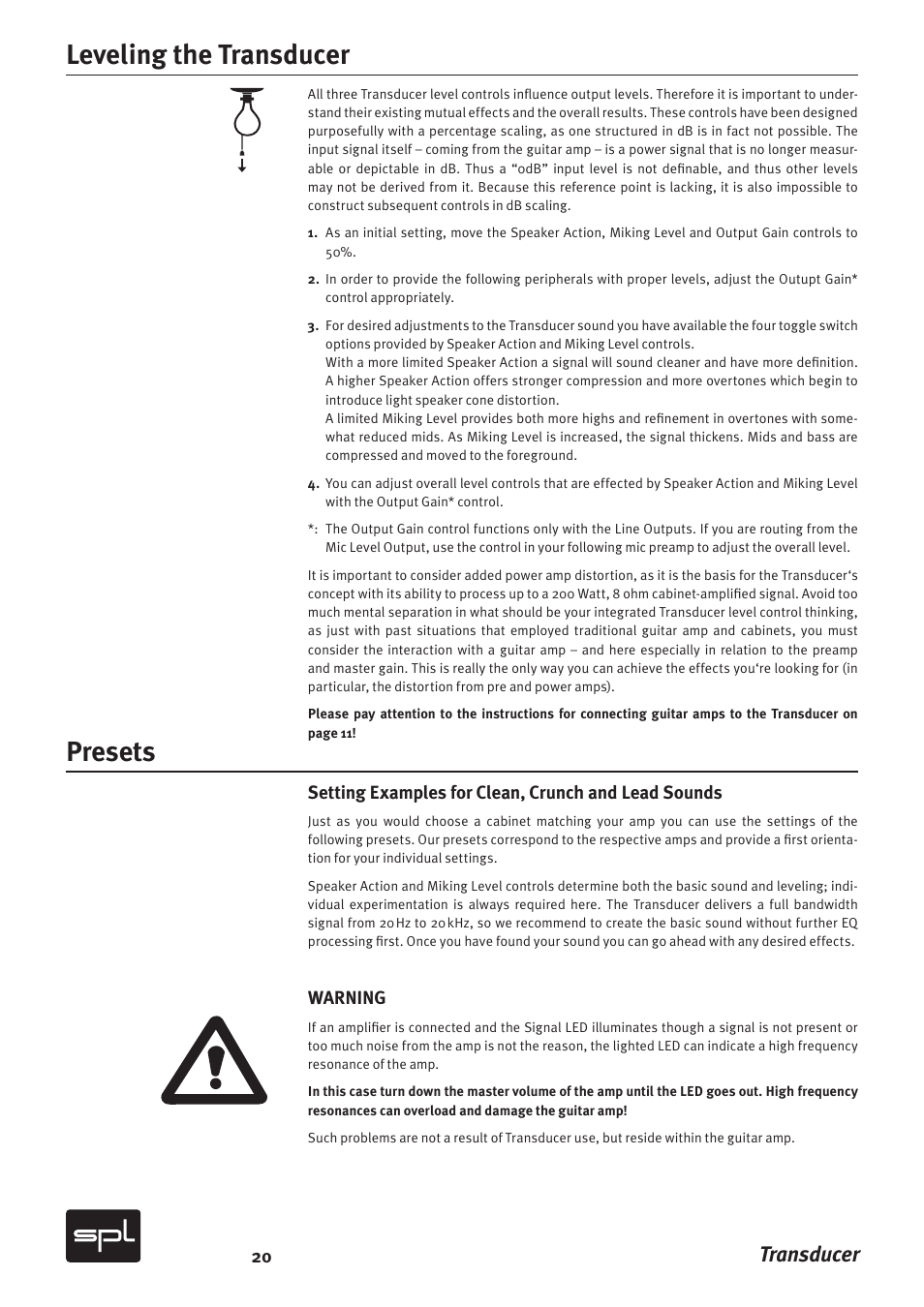 Leveling the transducer presets, Transducer | Sound Performance Lab Model 2601 User Manual | Page 20 / 28