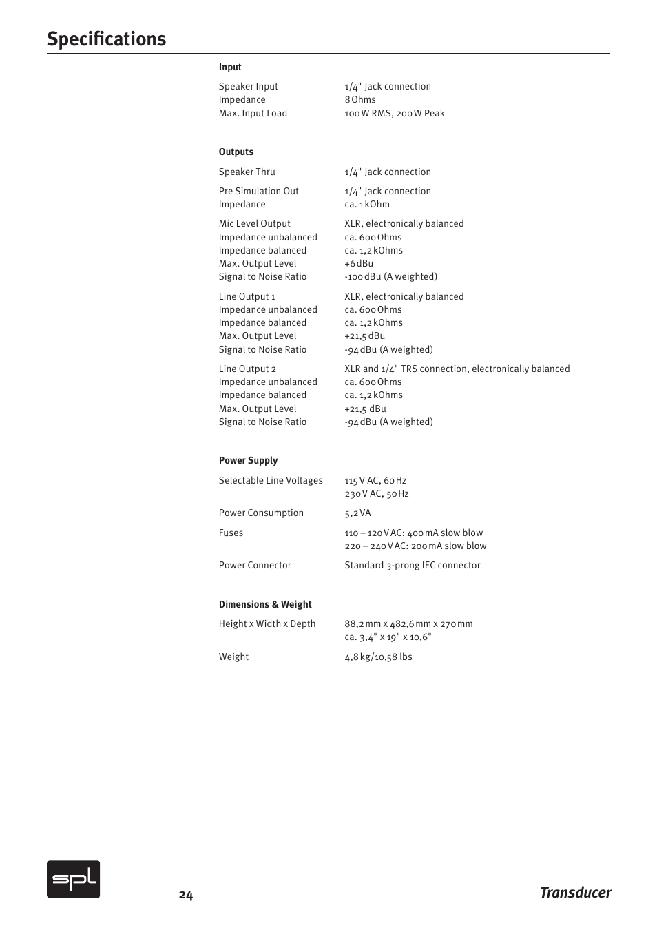 Speciﬁ cations, Transducer | Sound Performance Lab Model 2601 User Manual | Page 24 / 28