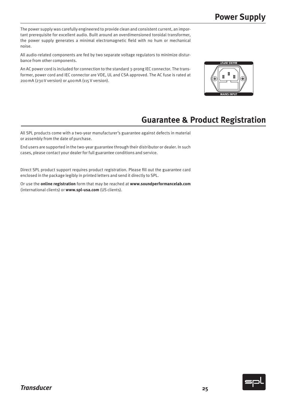 Power supply, Guarantee & product registration, Transducer | Sound Performance Lab Model 2601 User Manual | Page 25 / 28