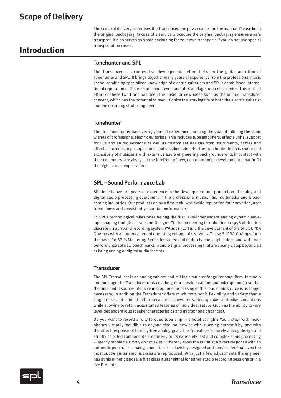Scope of delivery, Introduction, Transducer | Sound Performance Lab Model 2601 User Manual | Page 6 / 28