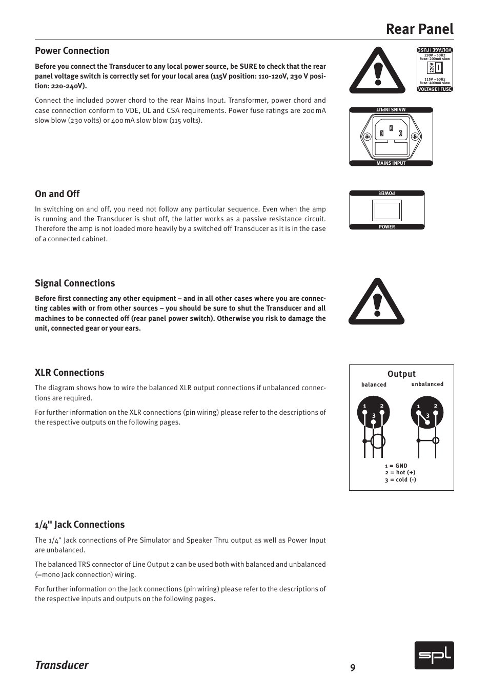 Rear panel, Transducer, Power connection | On and off, Signal connections, Xlr connections, 1/4" jack connections, 0vuqvu | Sound Performance Lab Model 2601 User Manual | Page 9 / 28