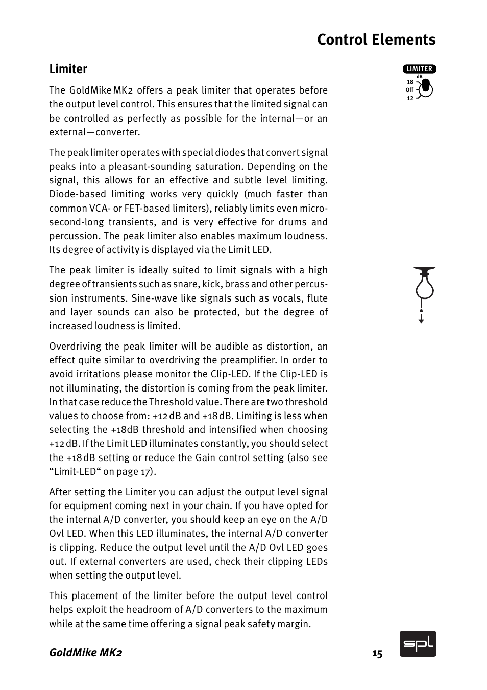 Control elements, Limiter, Goldmike mk2 15 | Sound Performance Lab GOLDMIKE MK2 2485 User Manual | Page 15 / 26