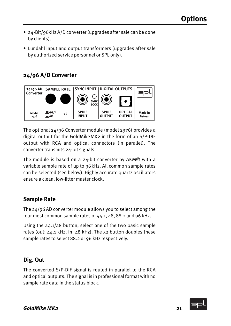 Options, 24/96 a/d converter, Sample rate | Dig. out, Goldmike mk2 21 | Sound Performance Lab GOLDMIKE MK2 2485 User Manual | Page 21 / 26