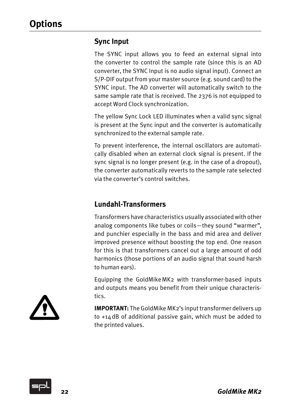 Options | Sound Performance Lab GOLDMIKE MK2 2485 User Manual | Page 22 / 26