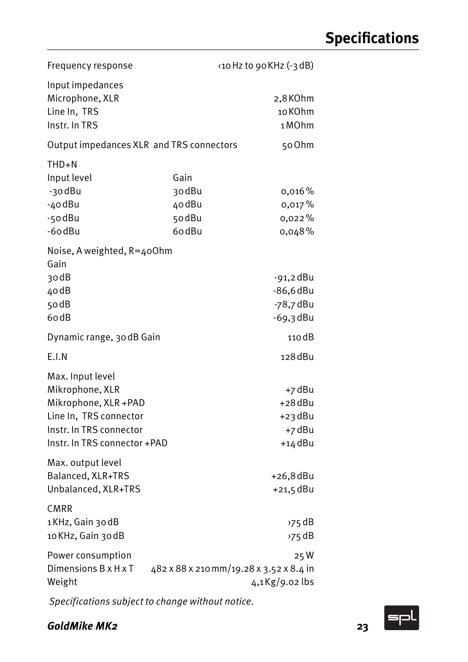 Speciﬁ cations | Sound Performance Lab GOLDMIKE MK2 2485 User Manual | Page 23 / 26