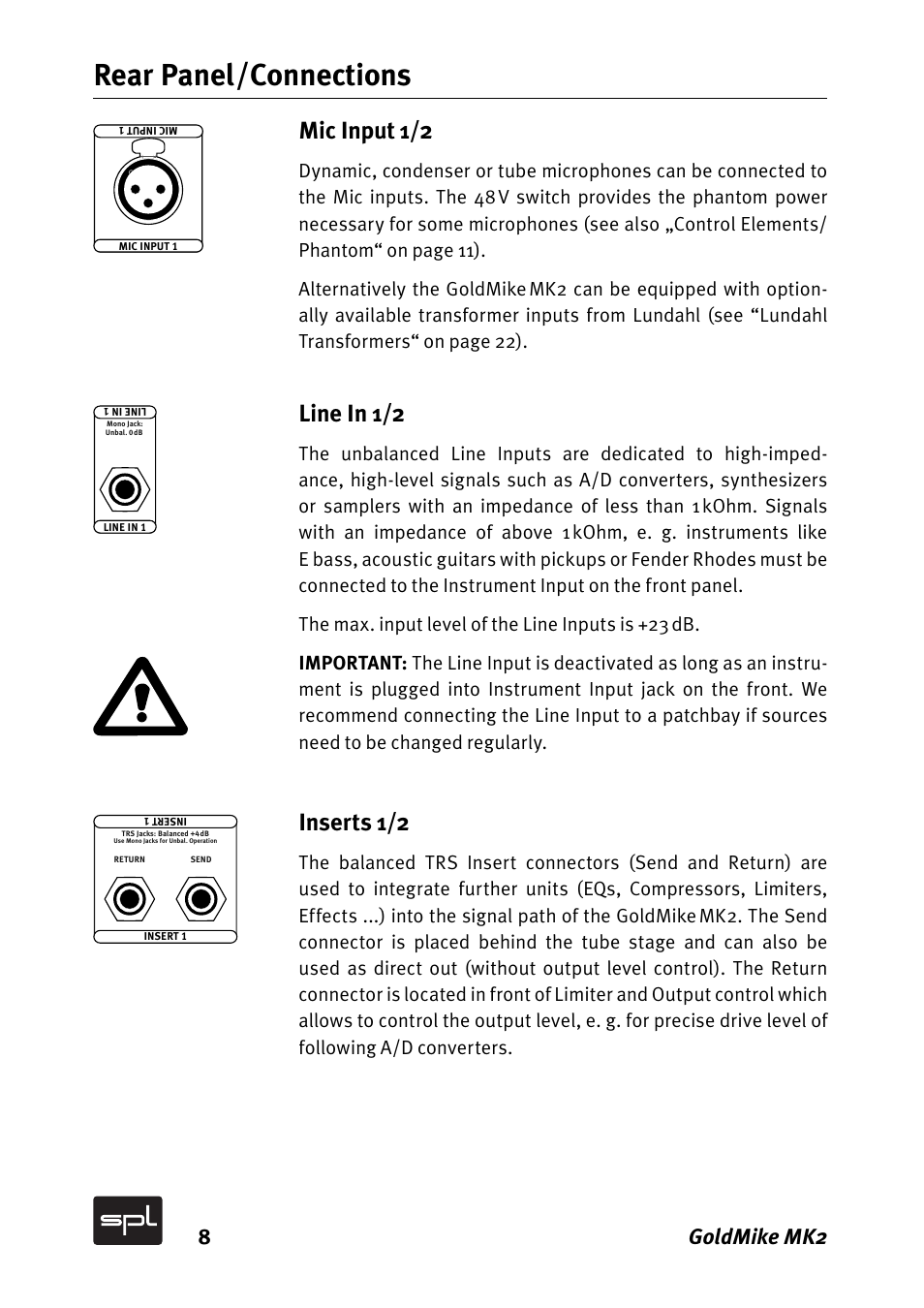 Rear panel/connections, Mic input 1/2, Line in 1/2 | Inserts 1/2, 8goldmike mk2 | Sound Performance Lab GOLDMIKE MK2 2485 User Manual | Page 8 / 26