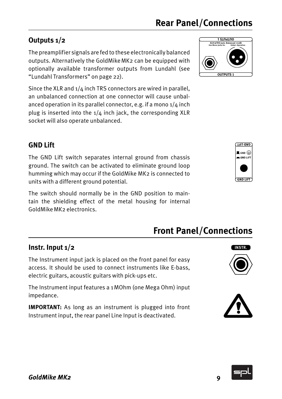 Rear panel/connections, Front panel/connections, Outputs 1/2 | Gnd lift, Instr. input 1/2, Goldmike mk2 9 | Sound Performance Lab GOLDMIKE MK2 2485 User Manual | Page 9 / 26