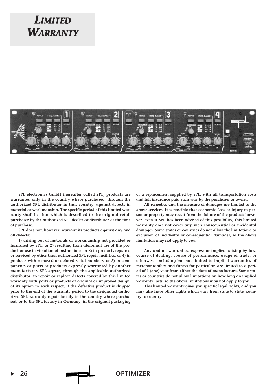 Iim miit te ed d, Aar rr ra an nt ty y | Sound Performance Lab Parametric Equalizer User Manual | Page 26 / 27
