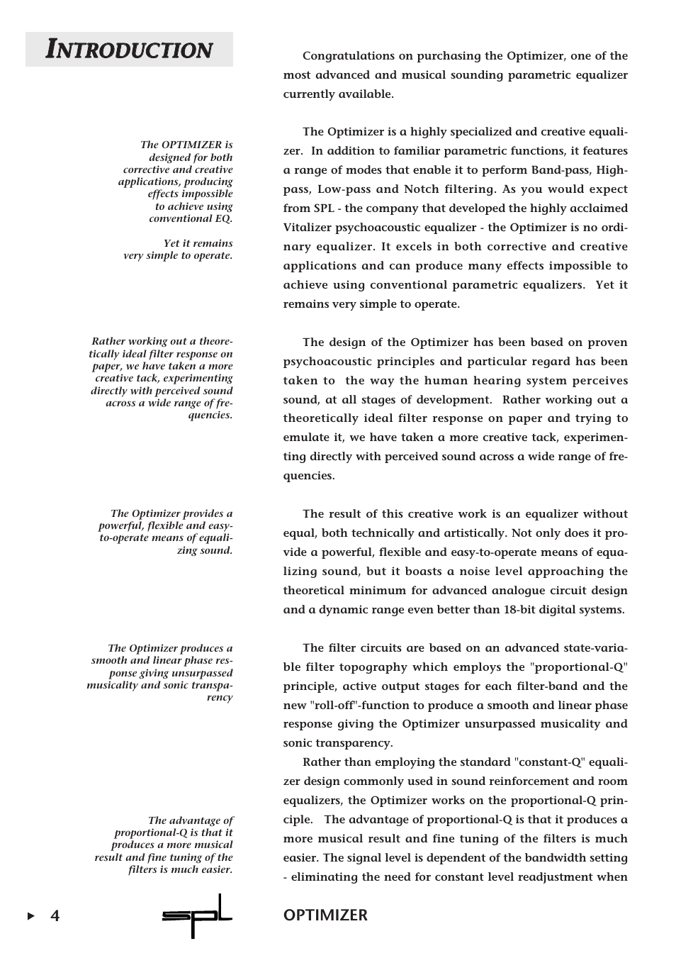 Nnt tr ro od du uc ct tiio on n, 4optimizer | Sound Performance Lab Parametric Equalizer User Manual | Page 4 / 27