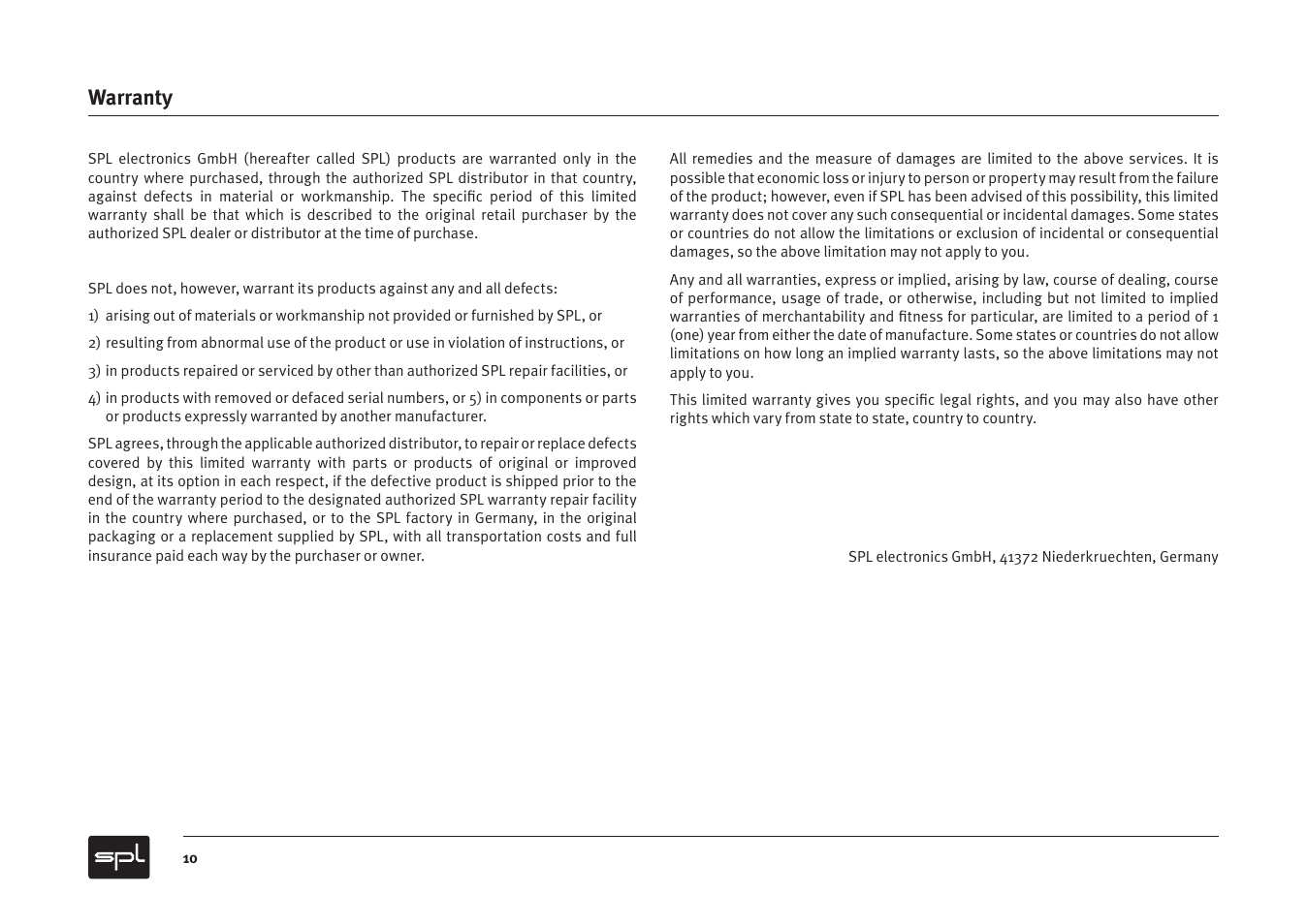 Warranty | Sound Performance Lab PQ Recording Equalizer User Manual | Page 10 / 10