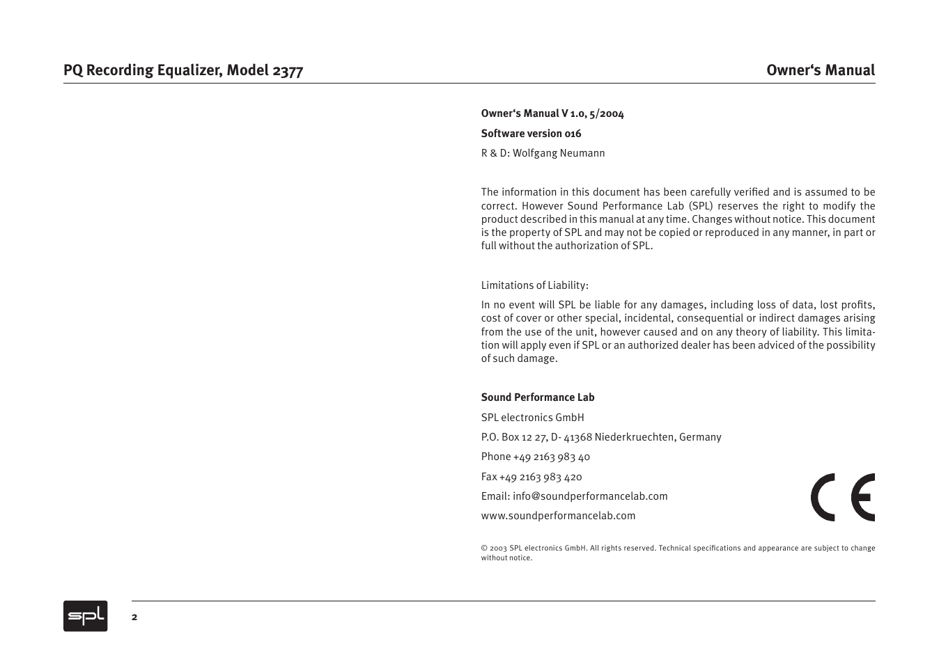 Sound Performance Lab PQ Recording Equalizer User Manual | Page 2 / 10