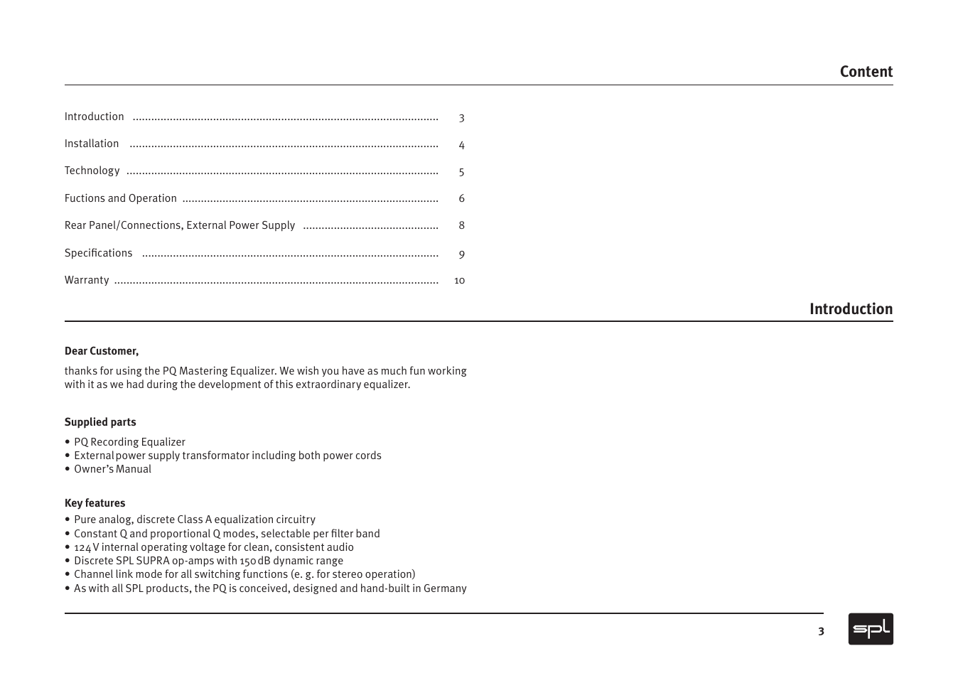 Content, Introduction | Sound Performance Lab PQ Recording Equalizer User Manual | Page 3 / 10