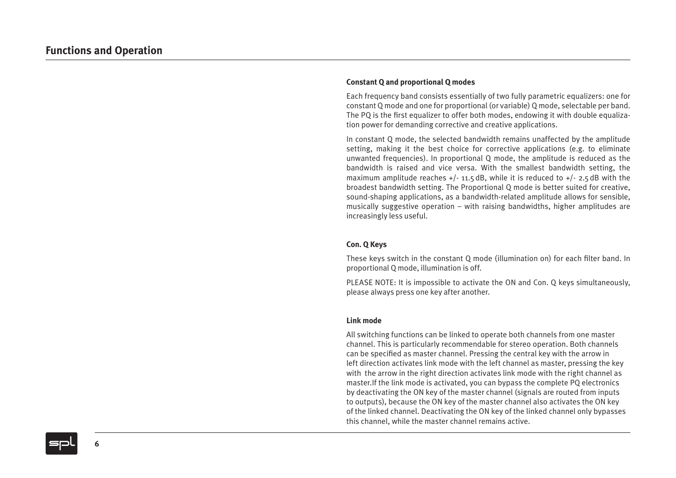 Functions and operation | Sound Performance Lab PQ Recording Equalizer User Manual | Page 6 / 10