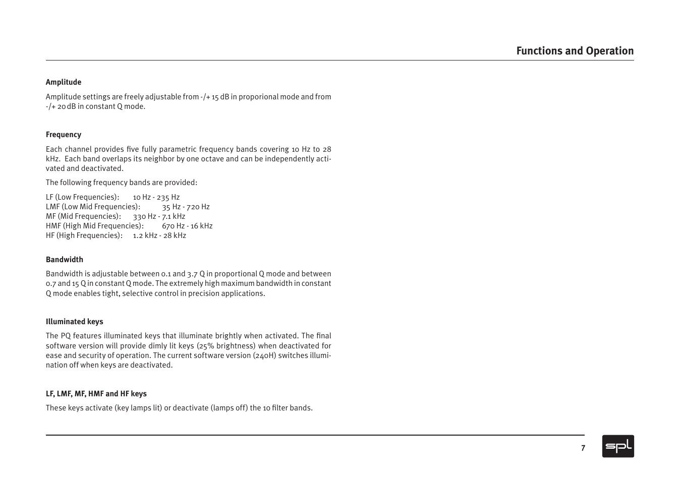 Functions and operation | Sound Performance Lab PQ Recording Equalizer User Manual | Page 7 / 10