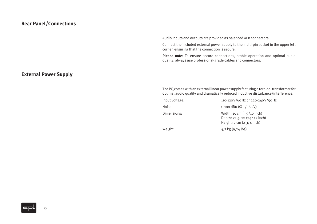 Rear panel/connections external power supply | Sound Performance Lab PQ Recording Equalizer User Manual | Page 8 / 10