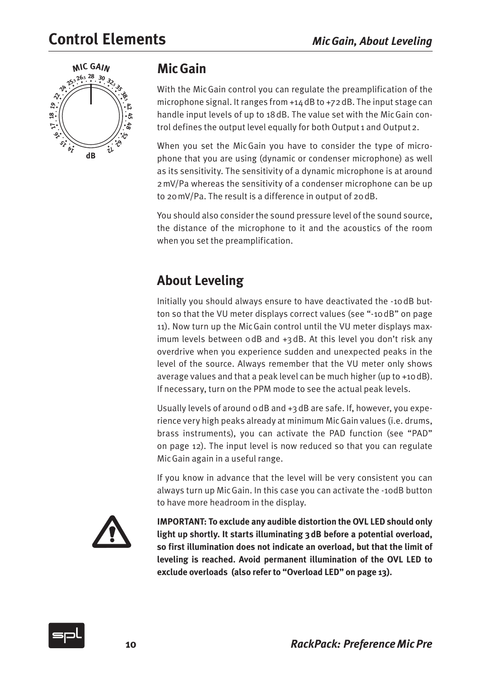 Control elements, Mic gain, About leveling | 10 rackpack: preference mic pre, Mic gain, about leveling | Sound Performance Lab 2711 User Manual | Page 10 / 20