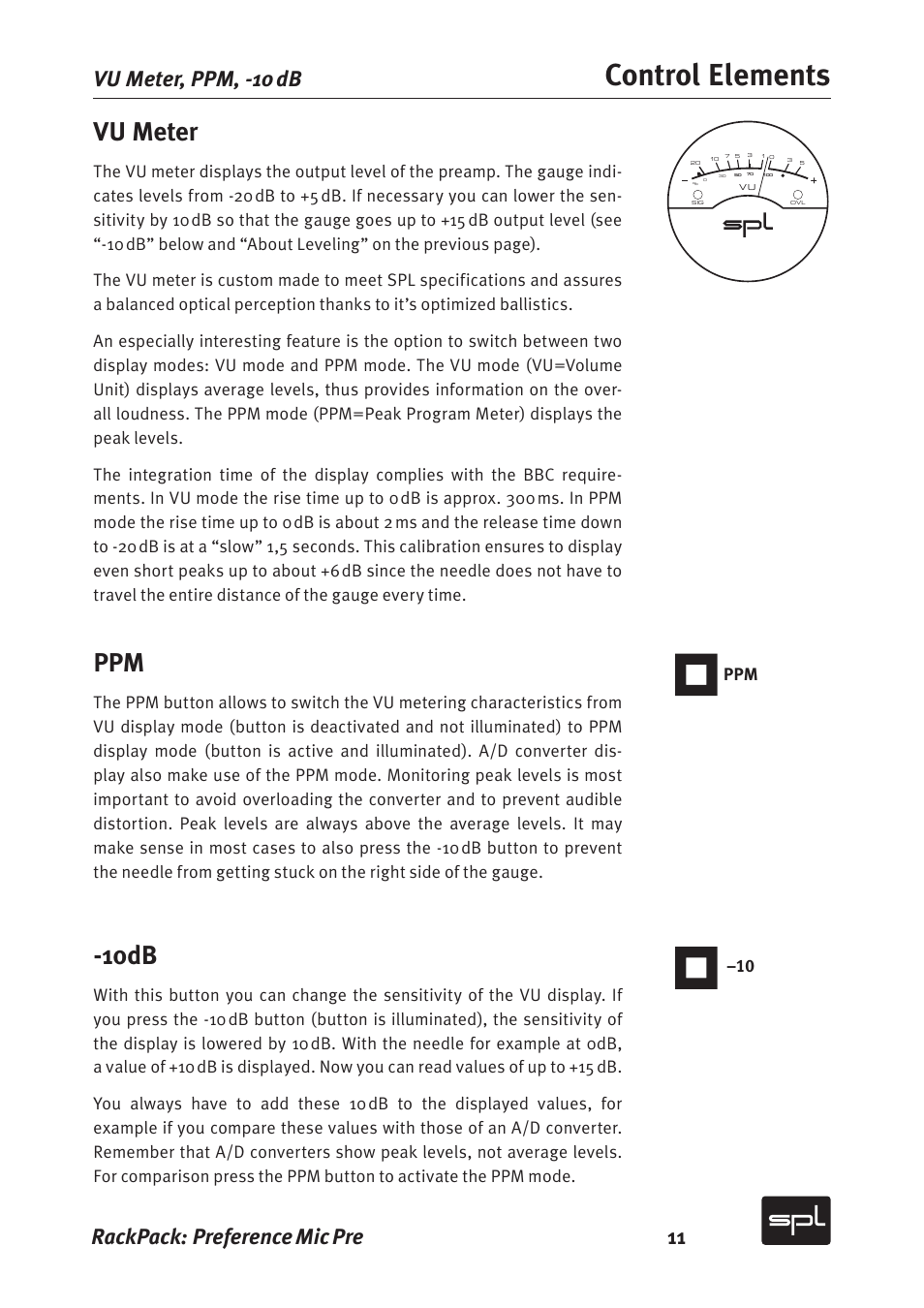 Control elements, Vu meter, 10db | Rackpack: preference mic pre 11, Vu meter, ppm, -10 db | Sound Performance Lab 2711 User Manual | Page 11 / 20