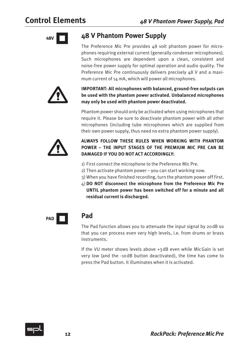 Control elements, 48 v phantom power supply | Sound Performance Lab 2711 User Manual | Page 12 / 20