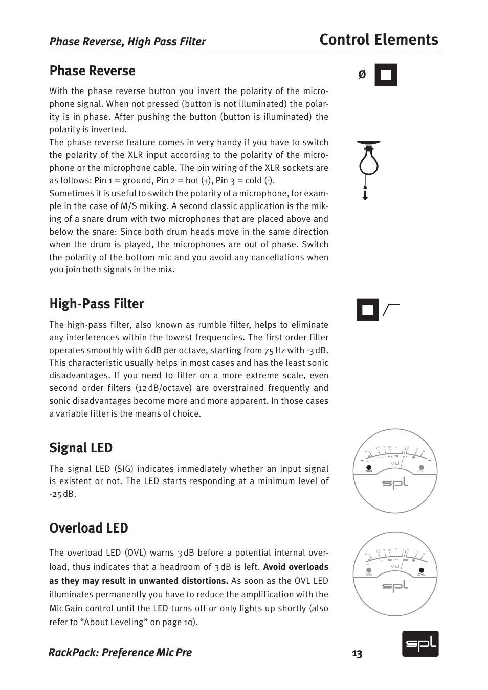 Control elements, Phase reverse, High-pass filter | Signal led, Overload led | Sound Performance Lab 2711 User Manual | Page 13 / 20