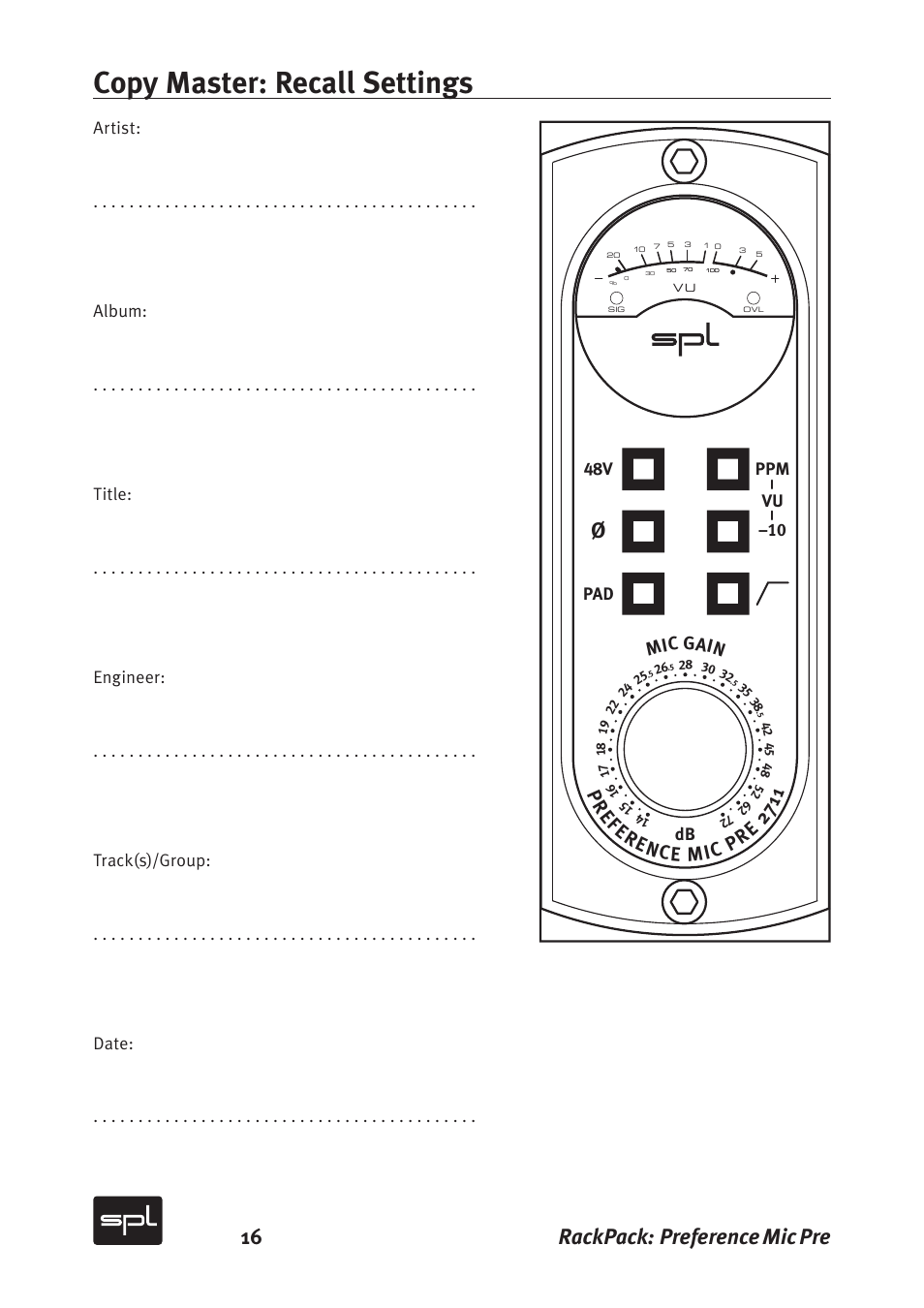Copy master: recall settings, 16 rackpack: preference mic pre | Sound Performance Lab 2711 User Manual | Page 16 / 20