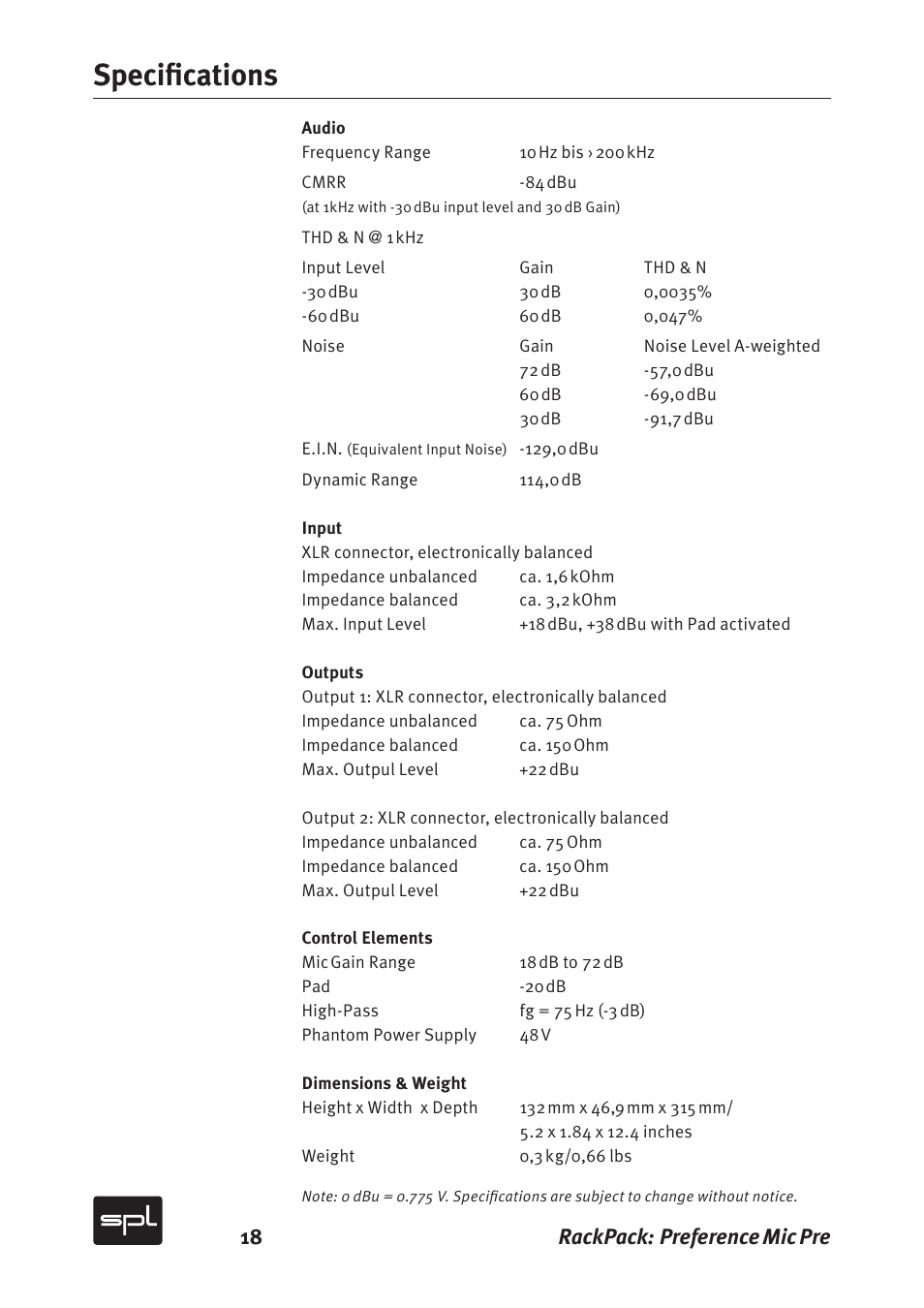 Specifications, 18 rackpack: preference mic pre | Sound Performance Lab 2711 User Manual | Page 18 / 20