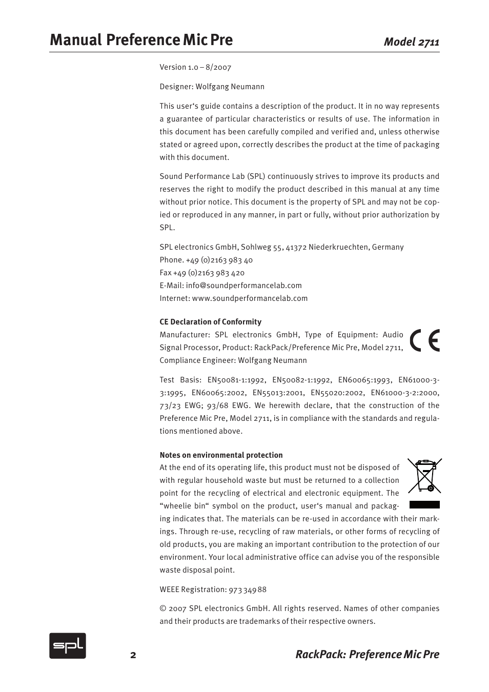 Manual preference mic pre, 2rackpack: preference mic pre, Model 2711 | Sound Performance Lab 2711 User Manual | Page 2 / 20